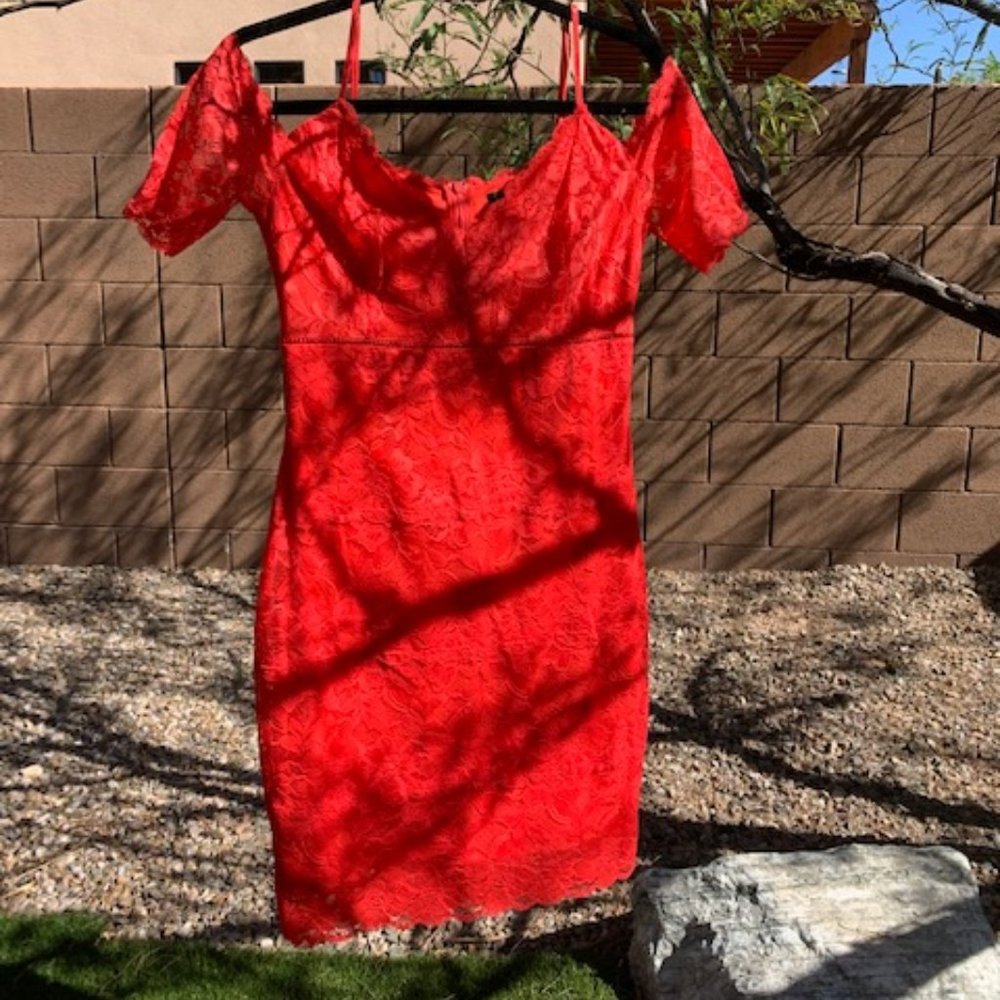 Guess Cold Shoulder Red Lace Dress